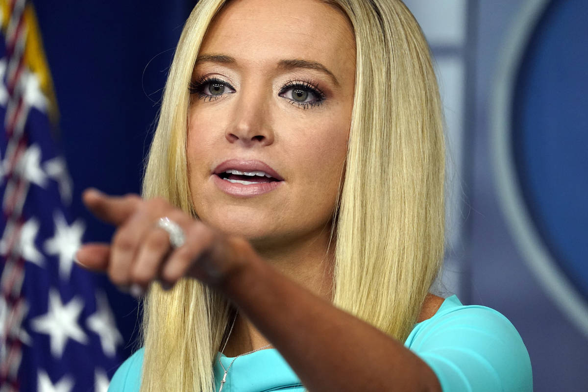 White House press secretary Kayleigh McEnany speaks during a press briefing at the White House, ...