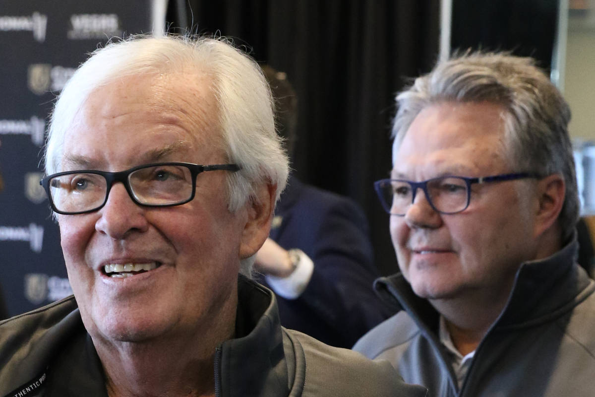 Golden Knights owner Bill Foley, left, and Kelly McCrimmon, the new General Manager, leave the ...