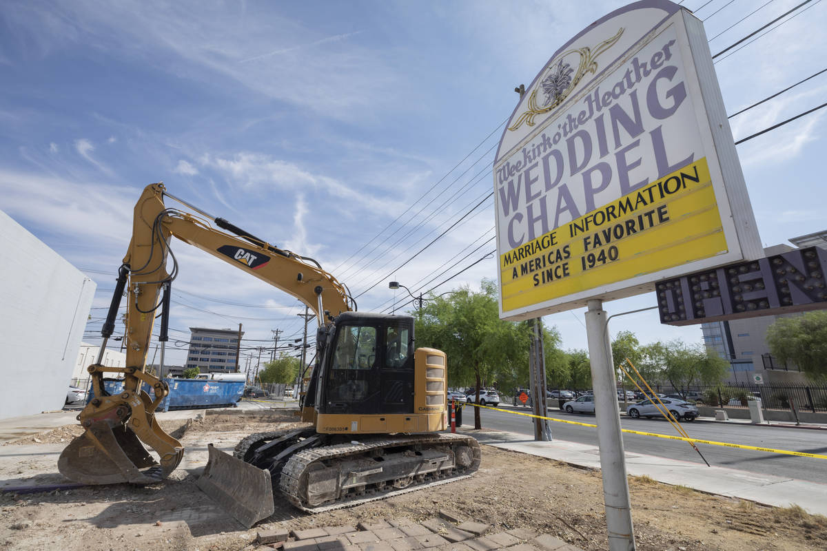 The Wee Kirk Wedding Chapel is seen demolished, in downtown Las Vegas on Monday, Oct. 5, 2020. ...