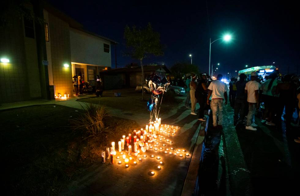 Candles are lit in memory of 1-year-old Sayah Deal in Las Vegas on Tuesday, Oct. 6, 2020. Deal ...
