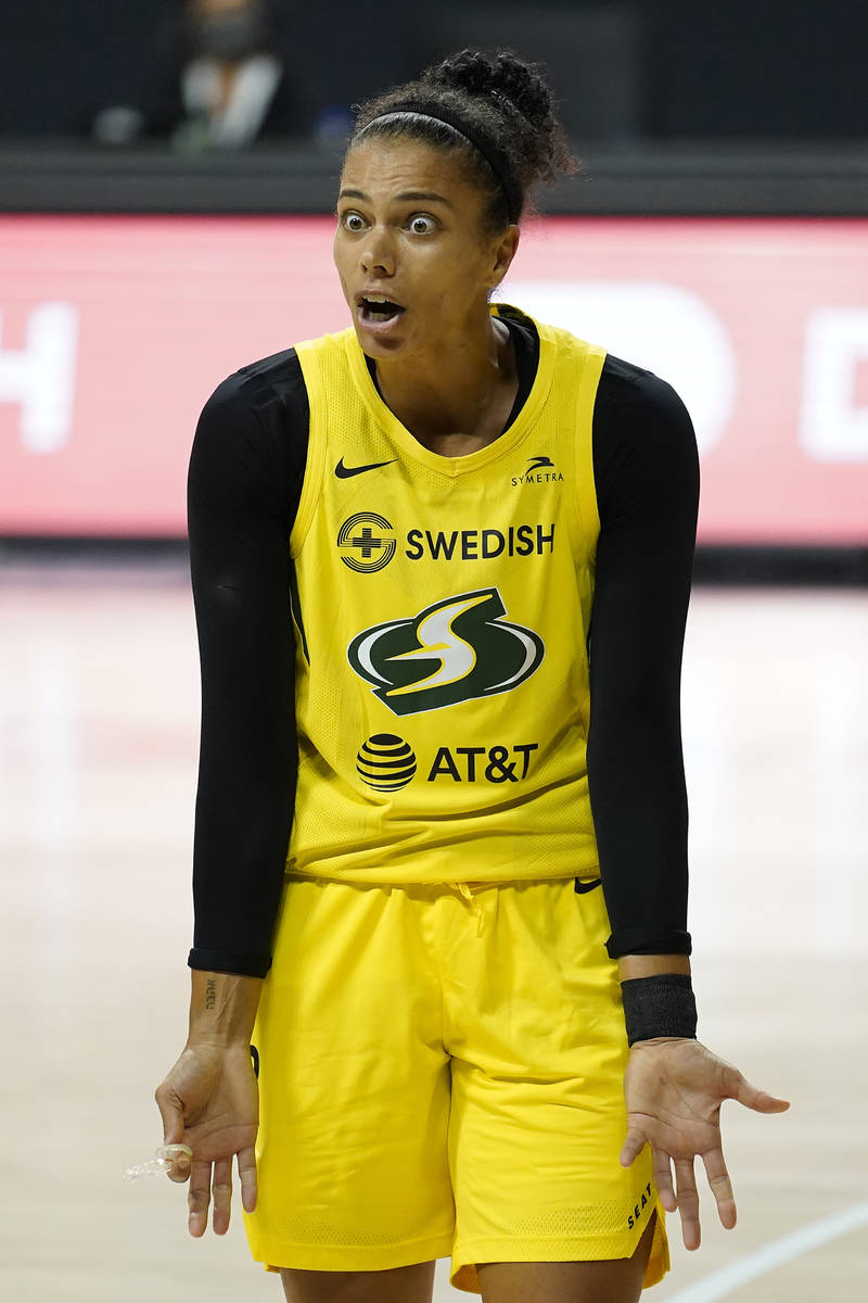 Seattle Storm forward Alysha Clark (32) reacts to a foul call against the Las Vegas Aces during ...