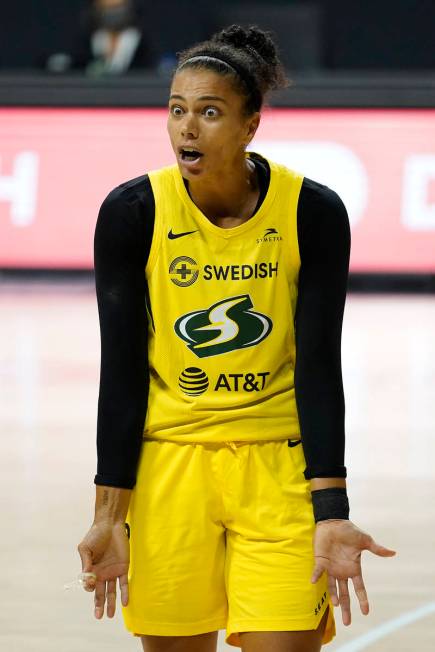 Seattle Storm forward Alysha Clark (32) reacts to a foul call against the Las Vegas Aces during ...