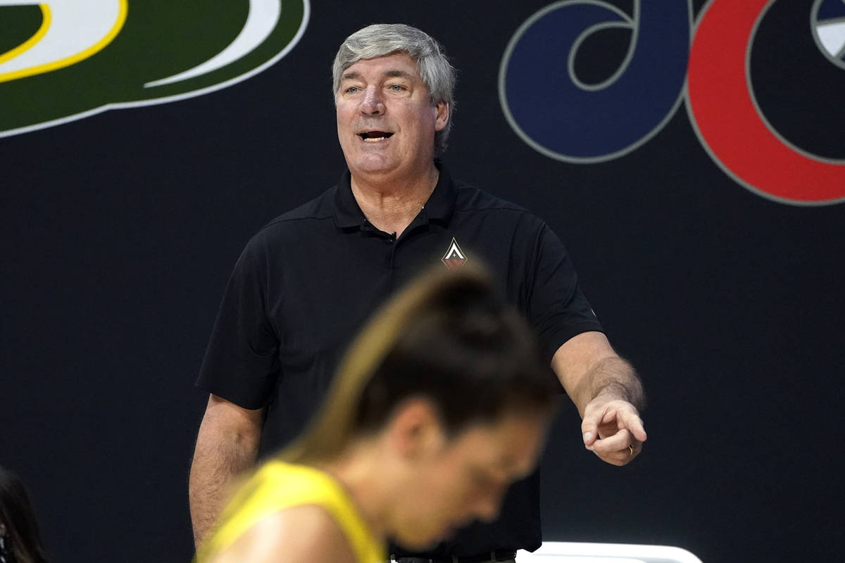 Las Vegas Aces head coach Bill Laimbeer gestures to an official during the second half of Game ...