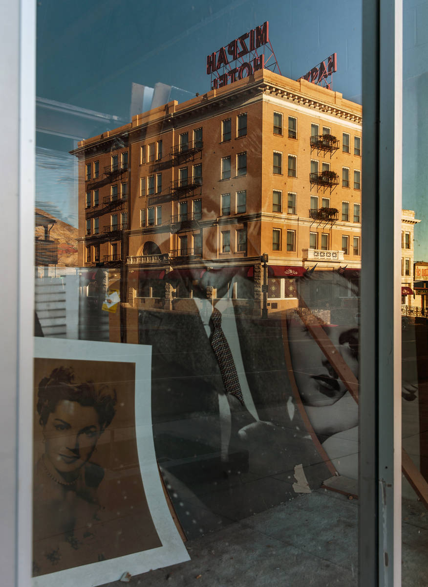 Movie stars are reflected in the window across from the Mizpah Hotel in Tonopah, Nevada, on Wed ...