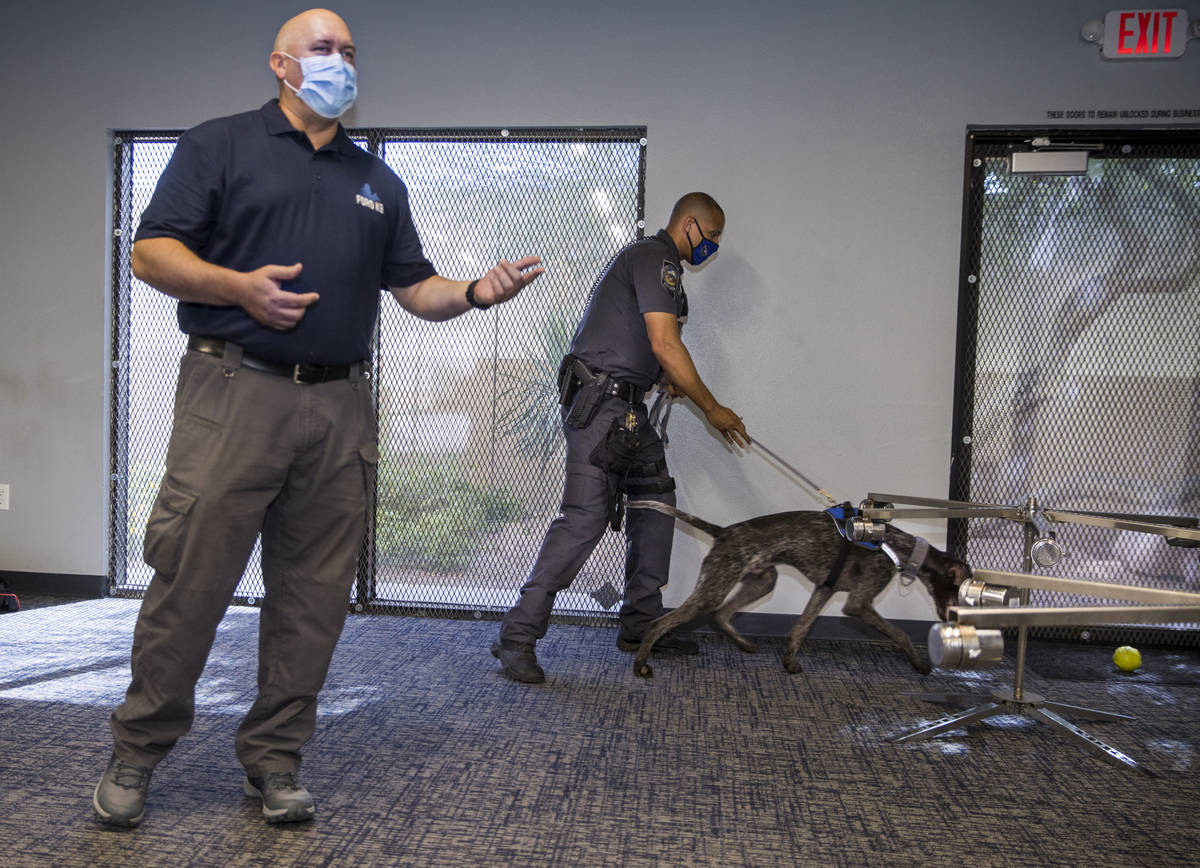 Trainer Cameron Ford with Ford K-9, left, describes a narcotics search demonstration by Nevada ...