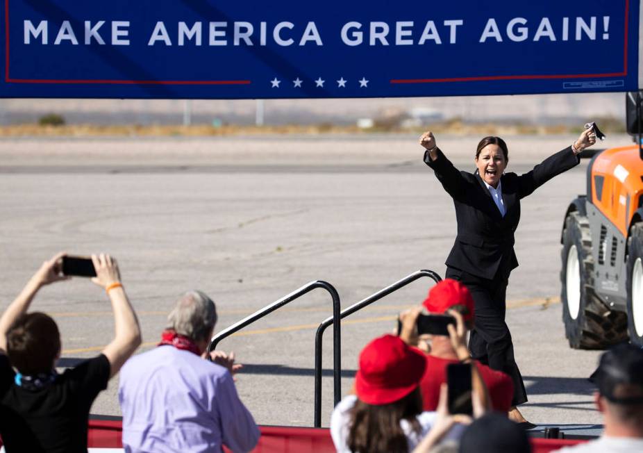 Vice President Mike Pence's wife Karen reacts as she takes the stage during Make America Great ...