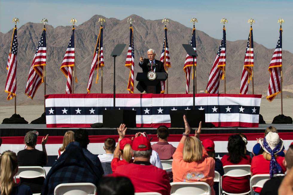 Vice President Mike Pence speaks during Make America Great Again event at Boulder City Airport, ...