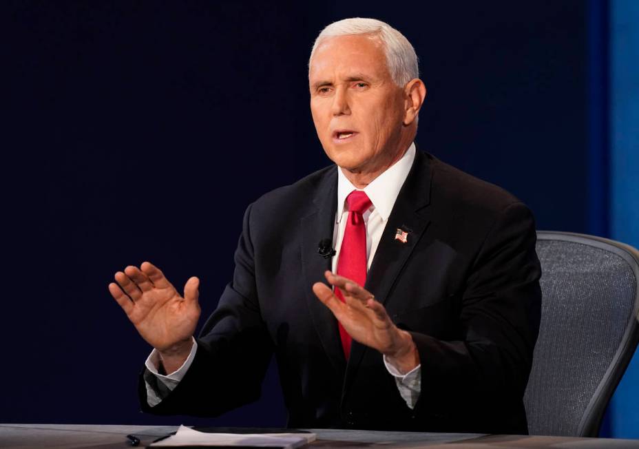 Vice President Mike Pence makes a point during the vice presidential debate with Democratic vic ...