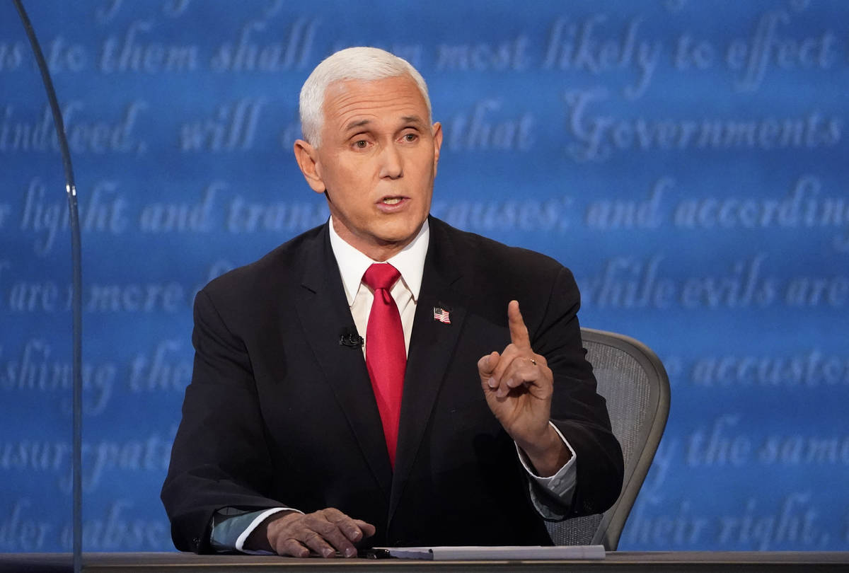 Vice President Mike Pence makes a point during the vice presidential debate with Democratic vic ...