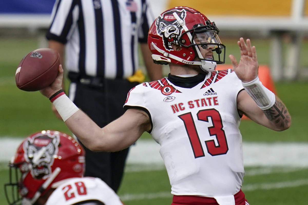 North Carolina State quarterback Devin Leary (13) plays against Pittsburgh Panthers during an N ...