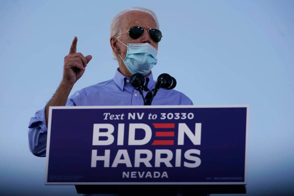 Democratic presidential candidate former Vice President Joe Biden speaks at a Las Vegas Drive-I ...