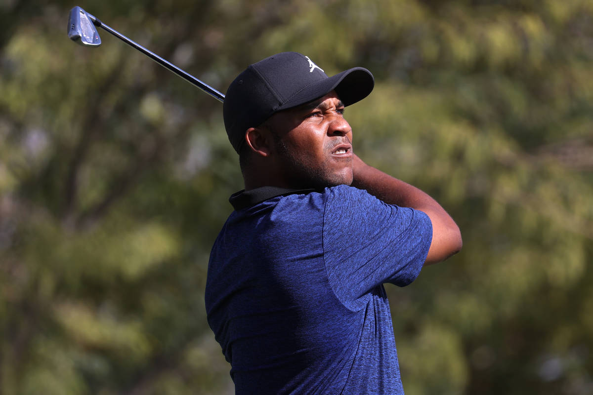 Harold Varner III tees off at the fifth hole during round two of the 2020 Shriners Hospitals fo ...