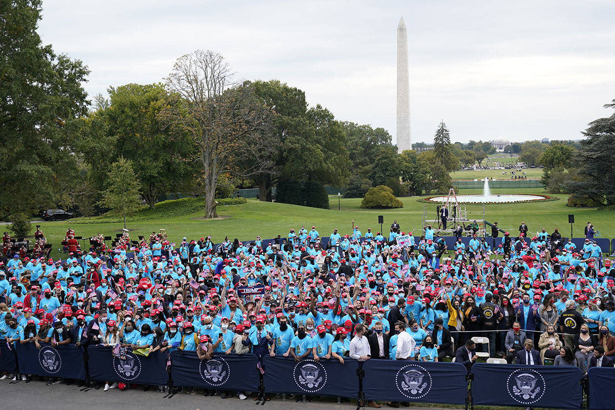 A crowd of President Donald Trump supporters gather on the South Lawn to listen to Trump speak ...