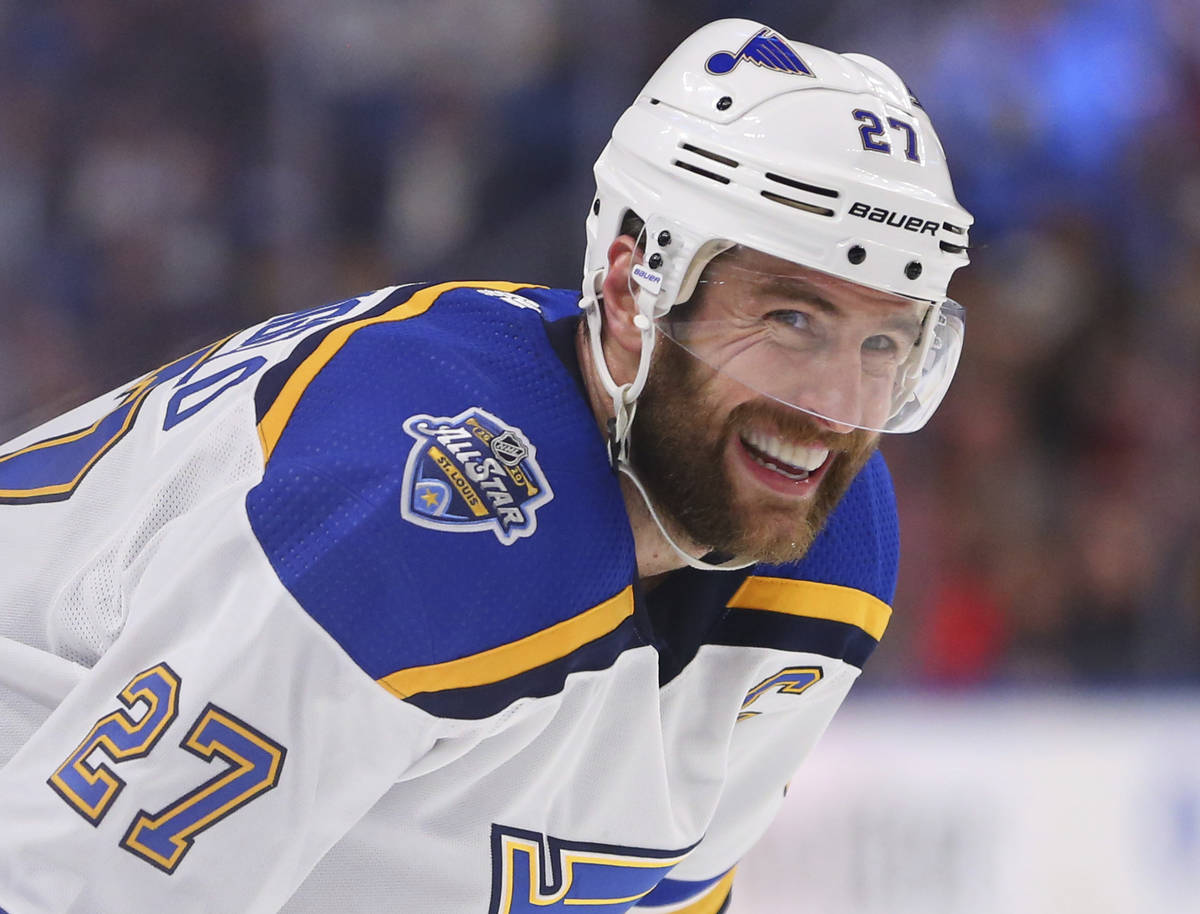 St. Louis Blues defenseman Alex Pietrangelo (27) looks on during the second period of an NHL ho ...