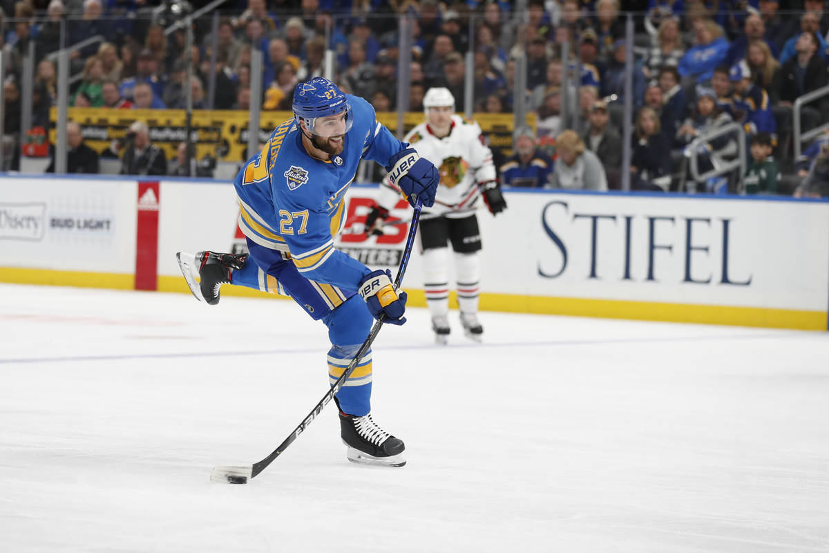 St. Louis Blues' Alex Pietrangelo shoots during the second period of an NHL hockey game against ...