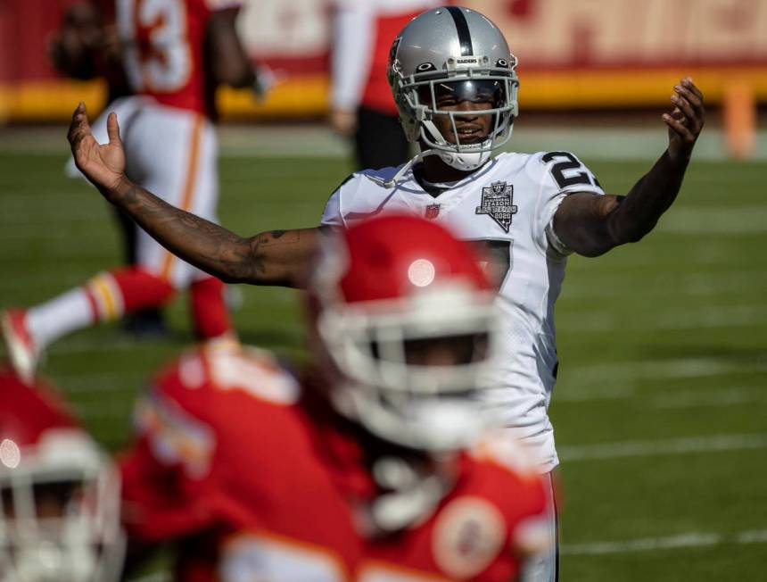 Las Vegas Raiders cornerback Trayvon Mullen (27) taunts Chiefs players during warms ups before ...