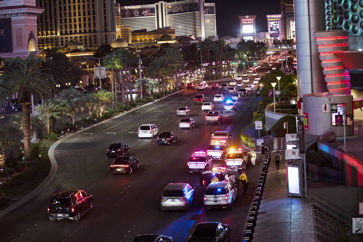 The scene on the Strip where a man was shot at the Miracle Miles shops in Las Vegas, Sunday, Oc ...