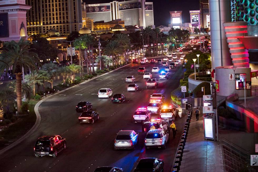 The scene on the Strip where a man was shot at the Miracle Miles shops in Las Vegas, Sunday, Oc ...