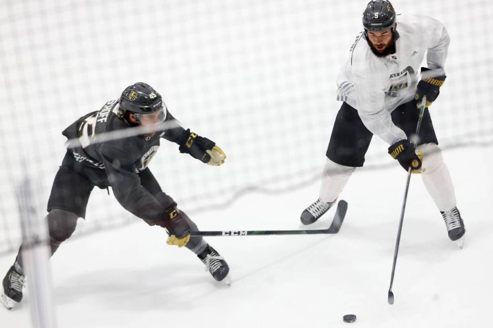 Vegas Golden Knights Jake Bischoff and defenseman Deryk Engelland (5) compete for the puck duri ...