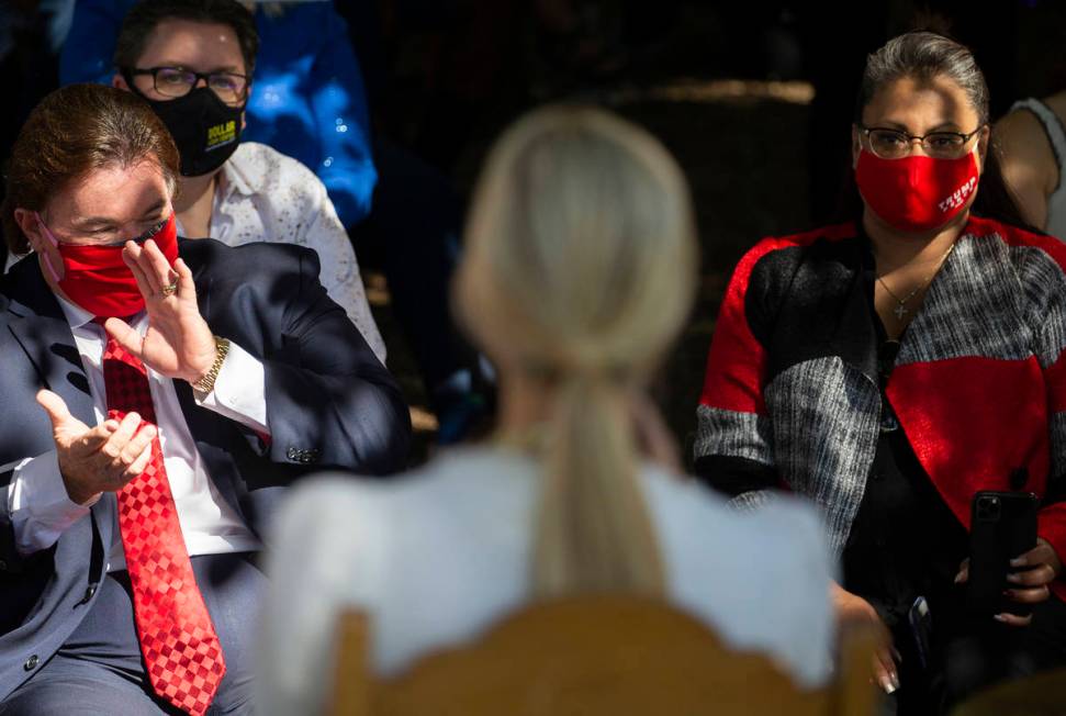 Audience members listen to Ivanka Trump speak during a campaign event at Legends Ranch on Monda ...