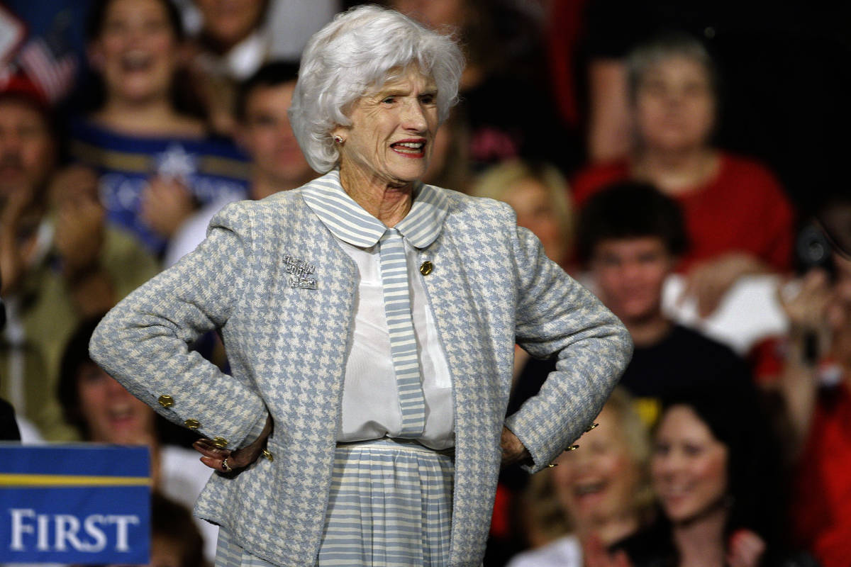 FILE - In this Oct. 16, 2008, file photo Roberta McCain, stands on stage during a rally in Down ...