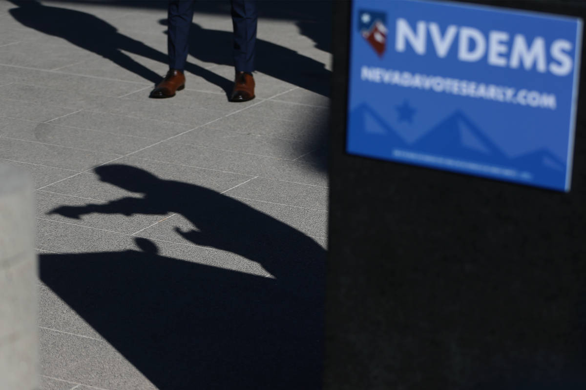 The shadow of Democratic National Committee Chair Tom Perez while speaking during a press confe ...