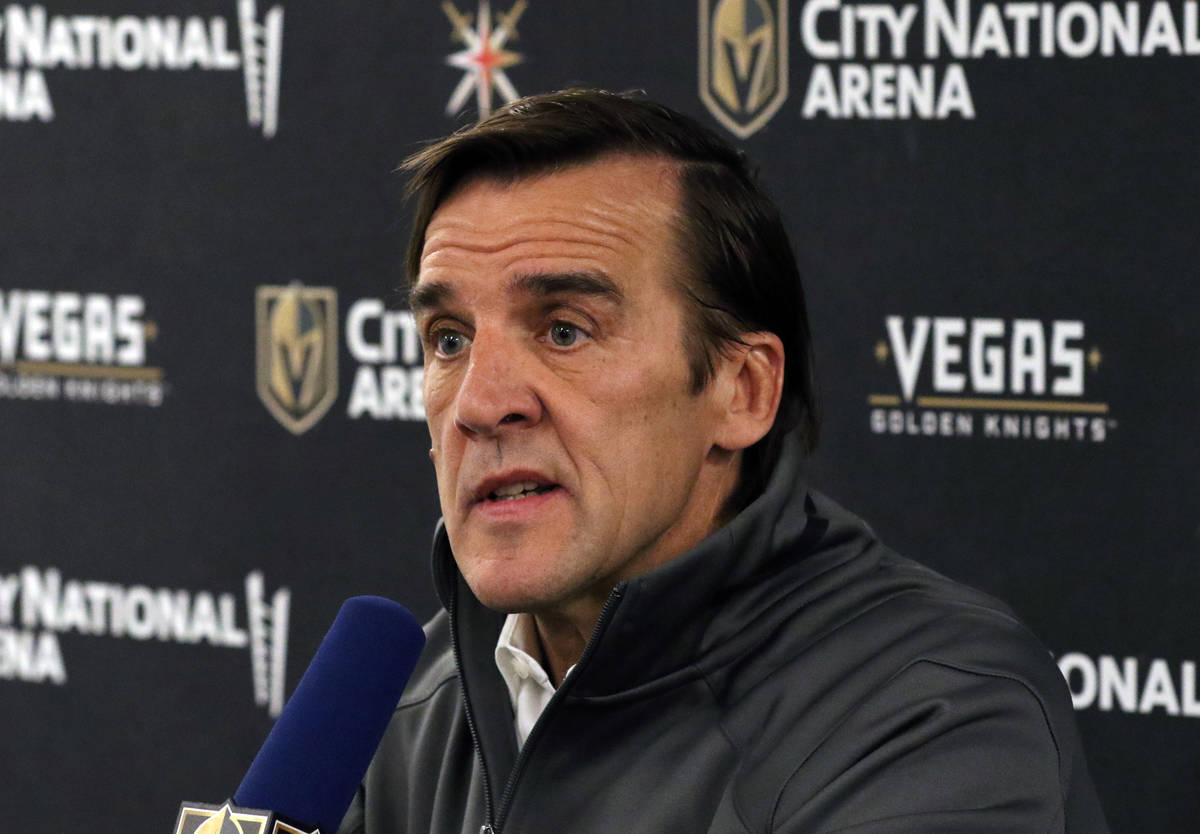 Golden Knights general manager George McPhee addresses the media at City National Arena on Thur ...