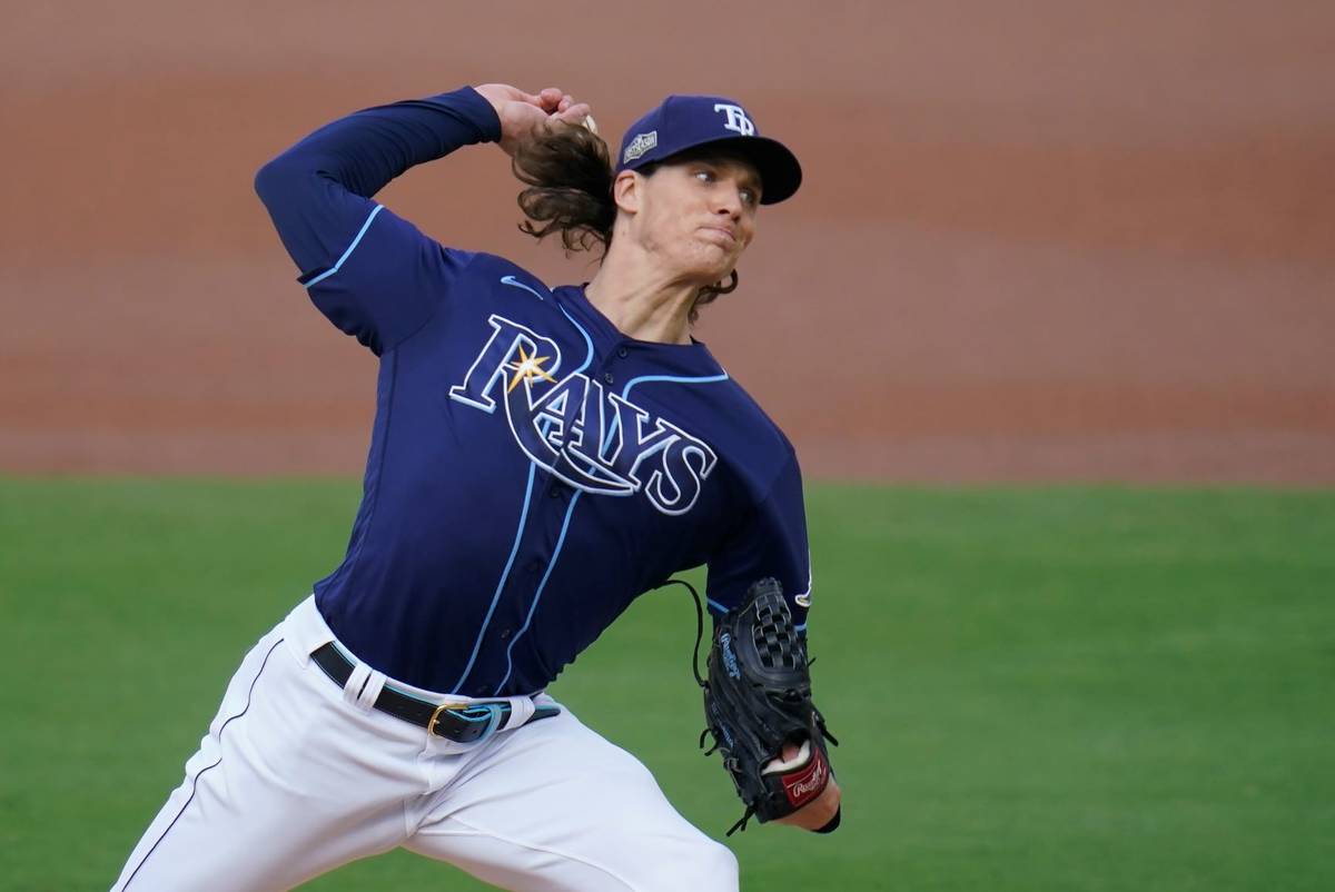 Tampa Bay Rays starting pitcher Tyler Glasnow throws during the first inning in Game 5 of the b ...