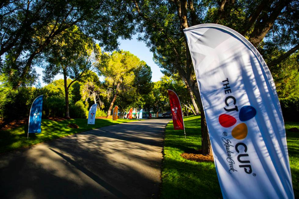 Signage for the CJ Cup at the Shadow Creek Golf Course is seen in North Las Vegas on Wednesday, ...