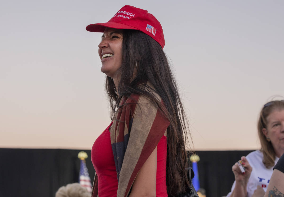 Jaime Heller, 37, of Las Vegas, waits for Donald Trump Jr. to speak at a campaign event for Pre ...