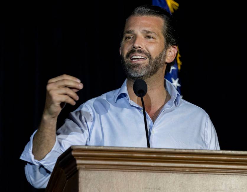 Donald Trump Jr. speaks at a campaign event for President Trump on Wednesday evening, Oct. 14, ...