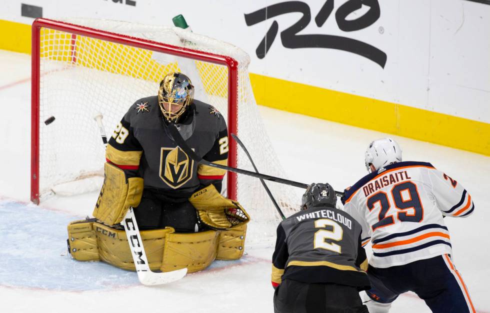 Vegas Golden Knights goaltender Marc-Andre Fleury (29) makes a save against Edmonton Oilers cen ...