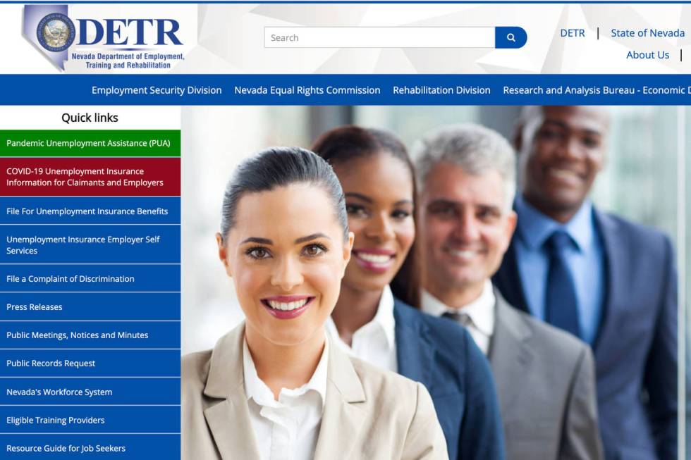 A screenshot of Nevada Department of Employment, Training and Rehabilitation's website. (DETR) .