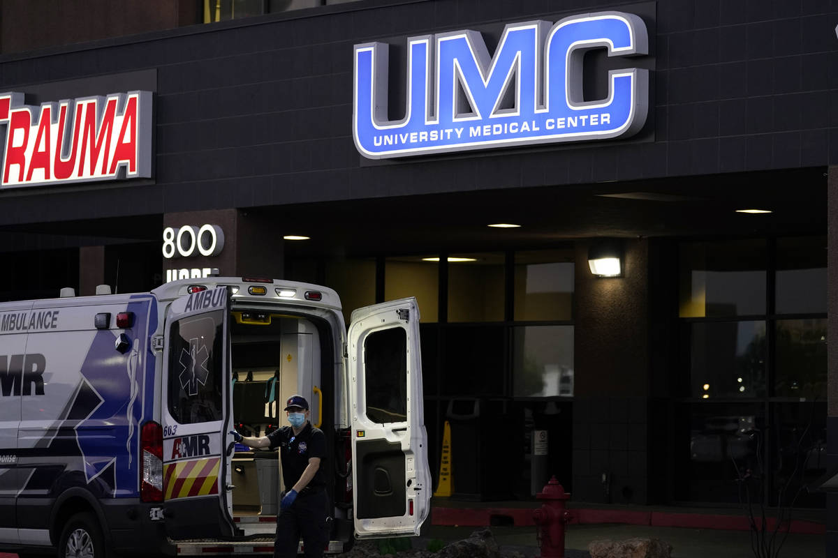An ambulance is parked at the University Medical Center in Las Vegas, Oct. 12, 2020. U.S. diplo ...