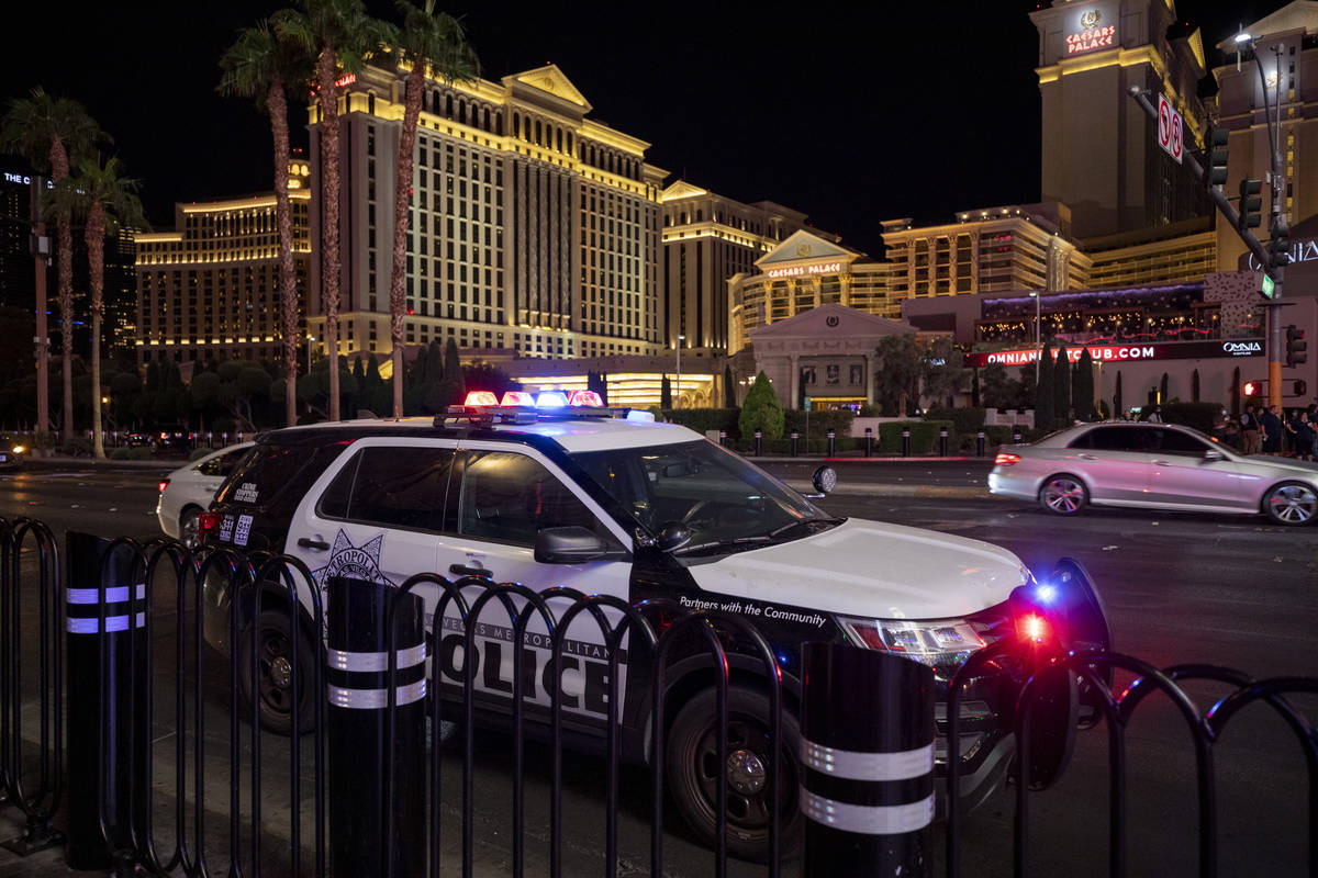 Las Vegas Metro Police are seen patrolling the Las Vegas Strip, on Thursday, Oct. 15, 2020. (El ...