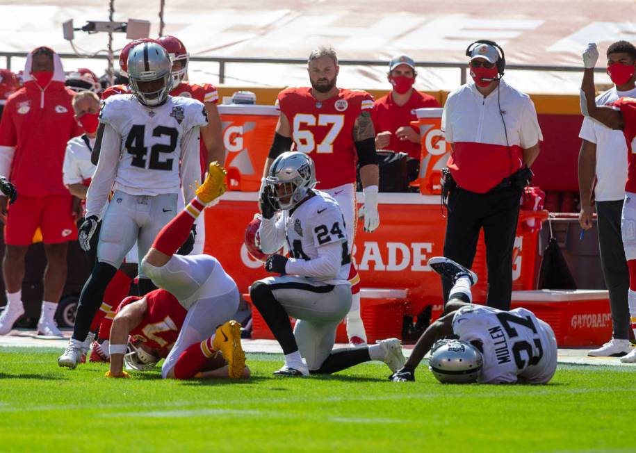 Las Vegas Raiders strong safety Johnathan Abram (24) looks on after tackling Kansas City Chiefs ...