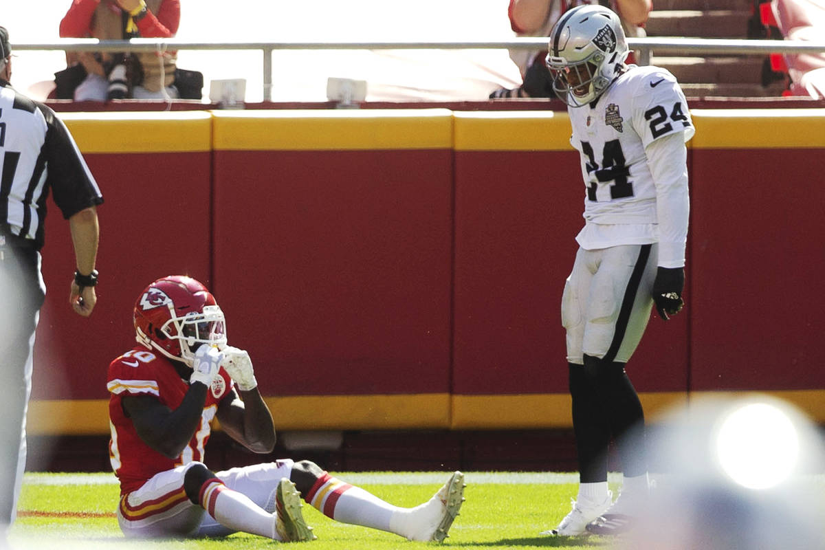 Las Vegas Raiders strong safety Johnathan Abram (24) looks over Kansas City Chiefs wide receive ...