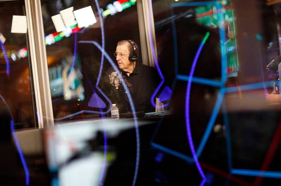 In this Nov. 16, 2017, photo, Brent Musburger broadcasts a show from a glass booth at the South ...