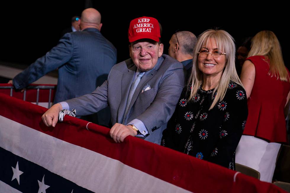 In this Feb. 21, 2020, file photo Sheldon Adelson waits for the arrival of President Donald Tru ...