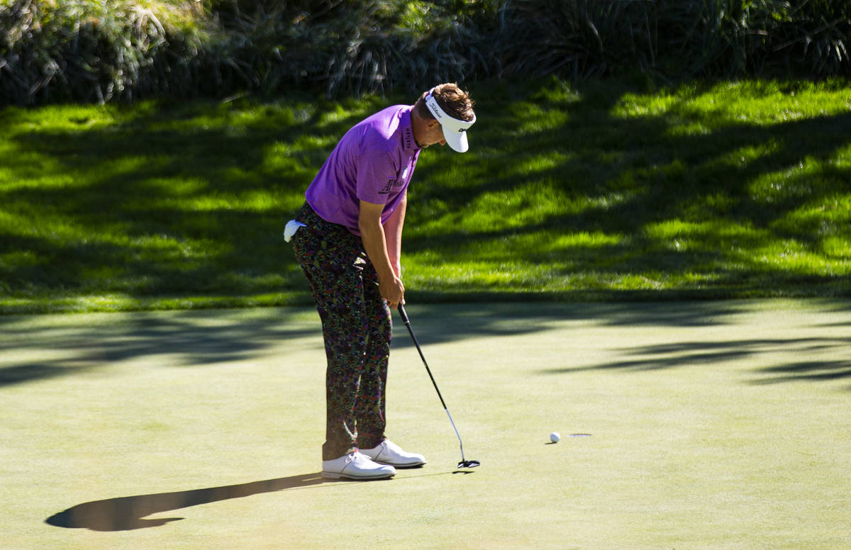 Ian Poulter putts on the 10th green during the second round of the CJ Cup at the Shadow Creek G ...
