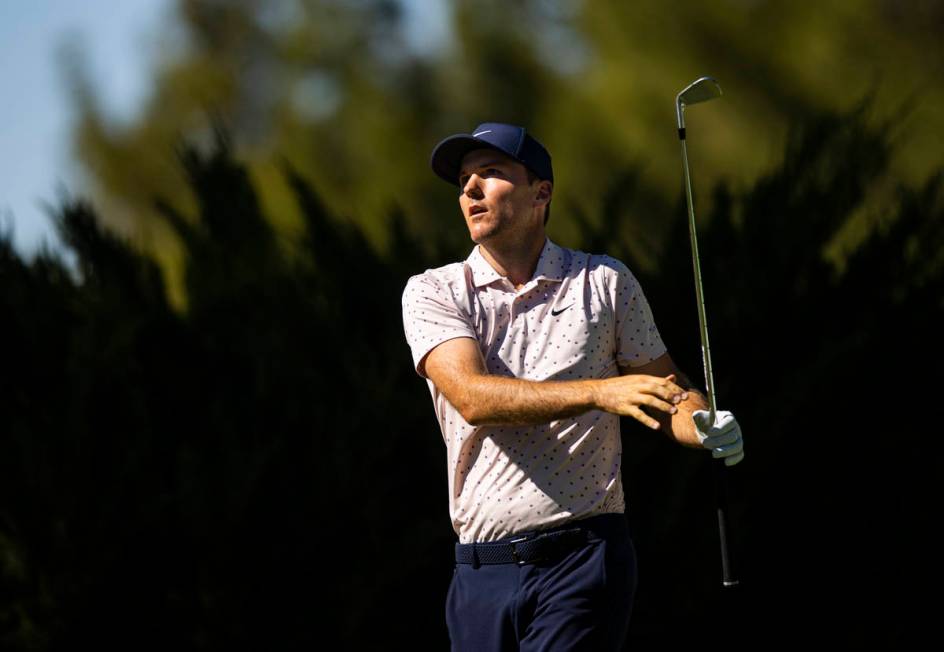 Russell Henley tees off at the fifth hole during the third round of the CJ Cup at the Shadow Cr ...