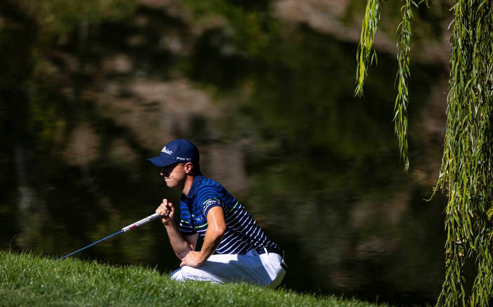 Jason Thomas lines up a putt on the fourth green during the third round of the CJ Cup at the Sh ...