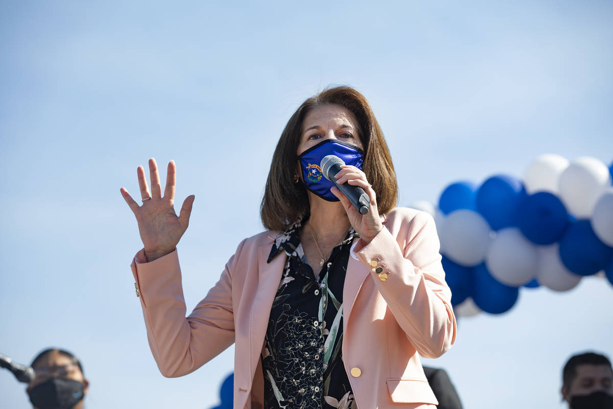 Sen. Catherine Cortez Masto, D-Nev., speaks at an event to promote early voting at the East Las ...