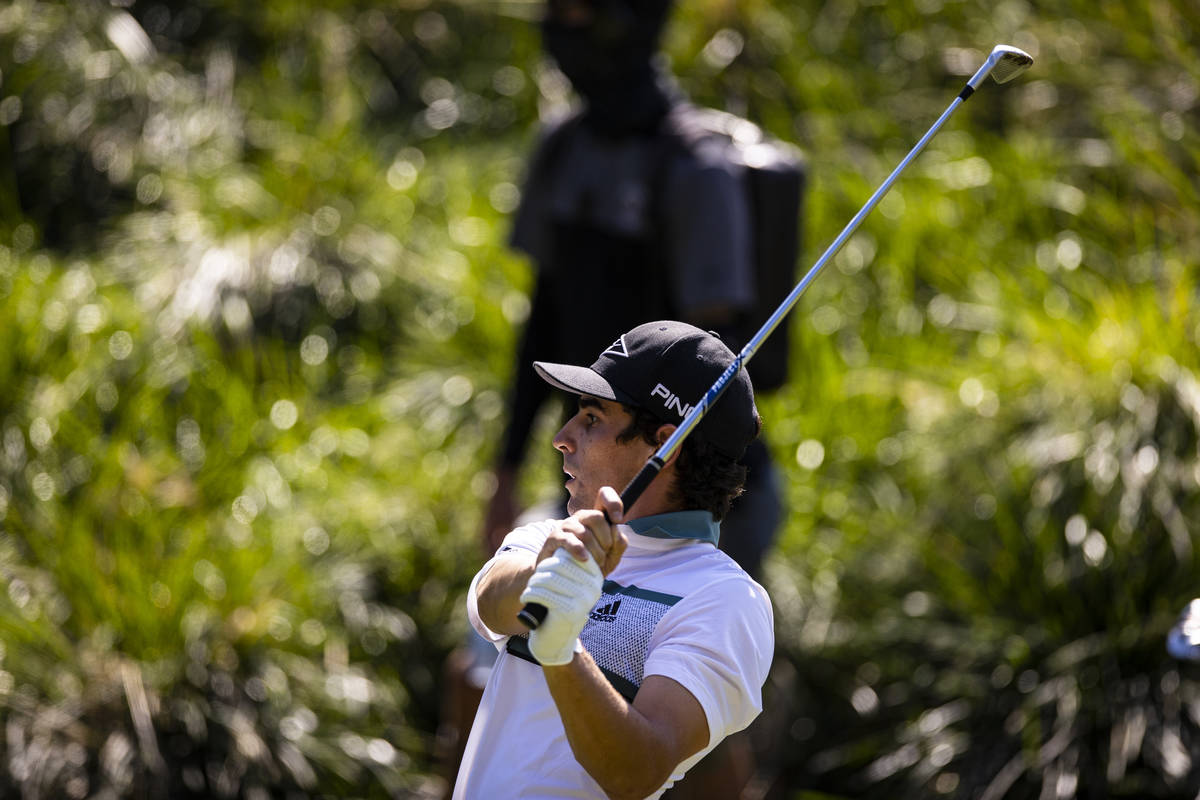 Joaquin Niemann tees off at the eighth hole during the final round of the CJ Cup at the Shadow ...