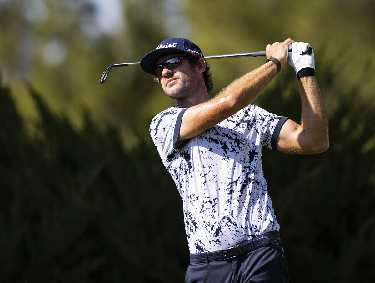 Lanto Griffin tees off at the fifth hole during the final round of the CJ Cup at the Shadow Cre ...