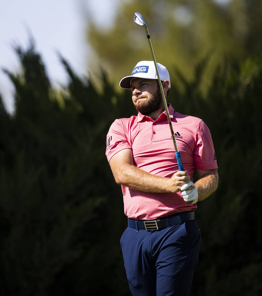 Tyrrell Hatton tees off at the fifth hole during the final round of the CJ Cup at the Shadow Cr ...