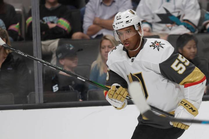 Vegas Golden Knights right wing Keegan Kolesar (55) against the San Jose Sharks during an NHL p ...