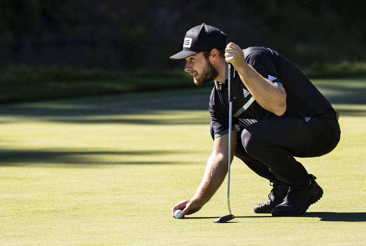 Tyrrell Hatton lines up a putt on the ninth green during the second round of the CJ Cup at the ...