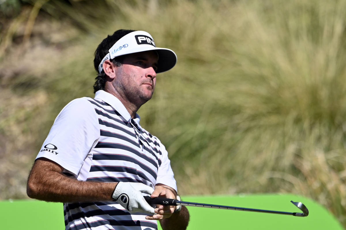 Bubba Watson watches his tee shot during the final round of the CJ Cup golf tournament at Shado ...