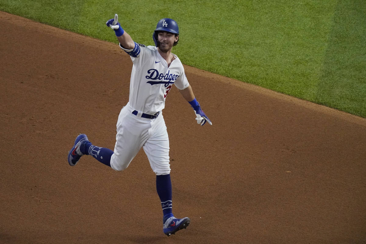 Los Angeles Dodgers' Cody Bellinger celebrates his two-run home run against the Tampa Bay Rays ...